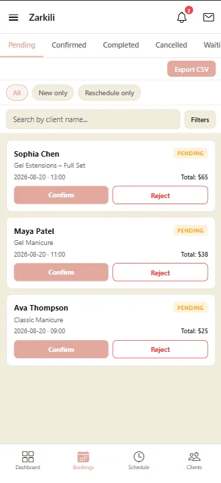 A list of pending booking requests, each showing the client, service, and time, with Confirm and Reject buttons