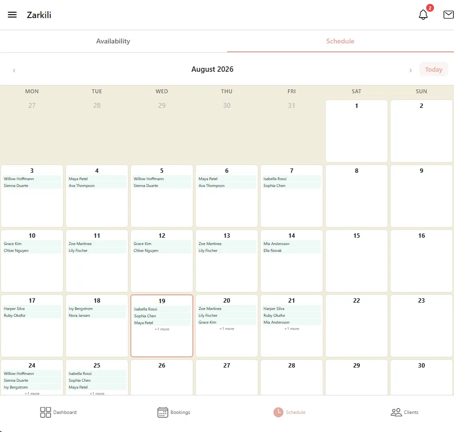 A monthly schedule view with client appointments listed across the days of August