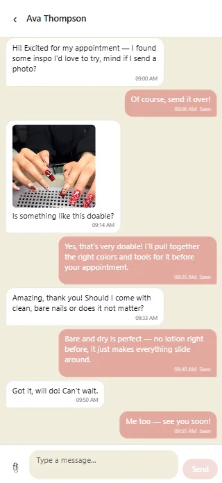 A chat conversation with a client, including a photo of nail art she sent to ask about a design