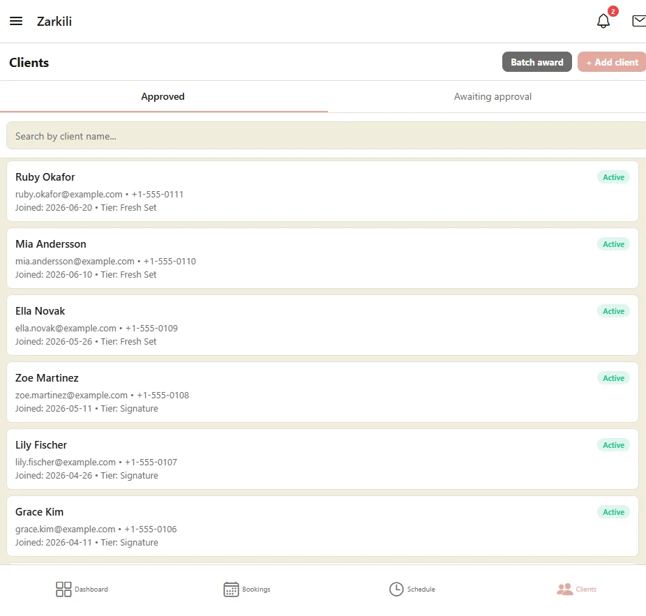 A list of approved clients showing each client's contact details, join date, and loyalty tier