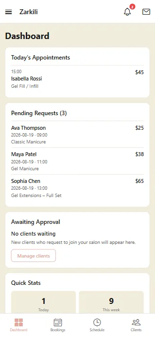 The Zarkili dashboard showing today's appointments, three pending booking requests awaiting approval, and quick stats for the week