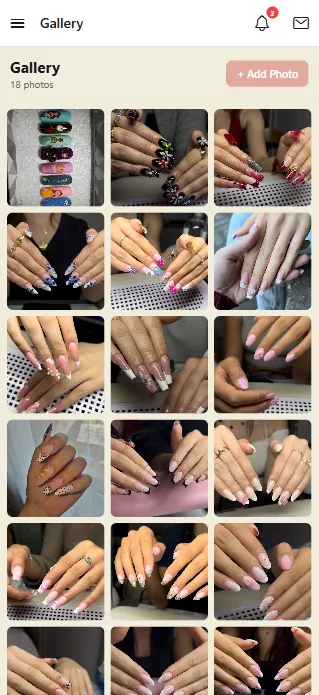 A gallery grid of nail art photos uploaded by the salon