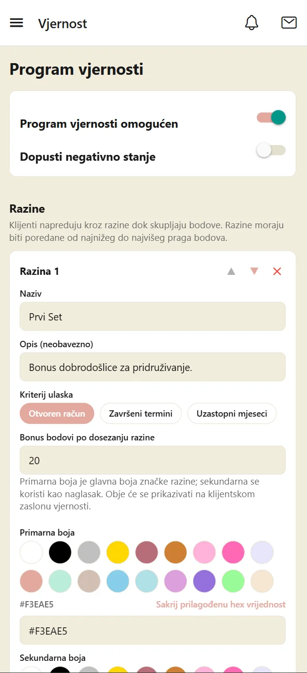 Postavke programa vjernosti s pravilima razina i bonus bodovima koje postavlja vlasnica salona