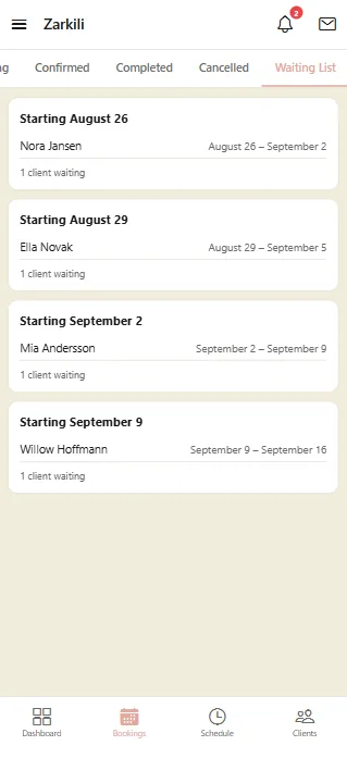 A waitlist screen listing clients waiting for an opening, each with their preferred date range
